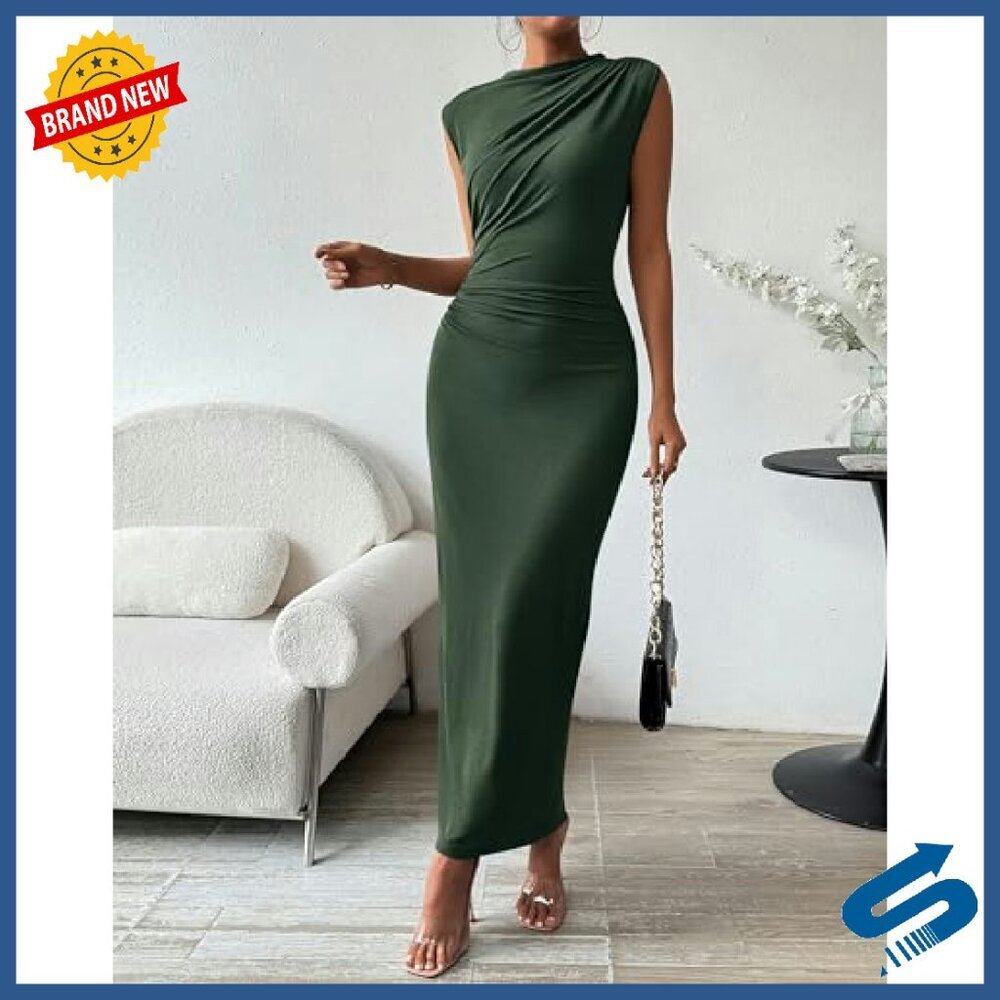Ruched Bodycon Maxi Dress Sleeveless Back Slit Party Cocktail Formal - Picture 4 of 8